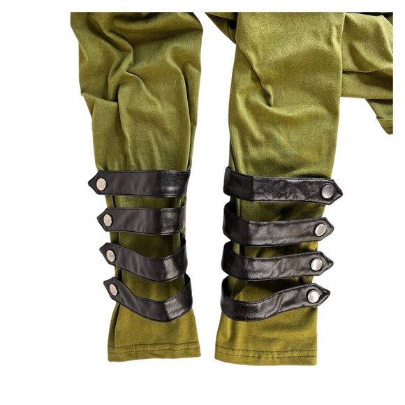 Mens Lace Up Hooded Shirt Green Faux Black Leather Size L Cosplay Medieval - Picture 6 of 7